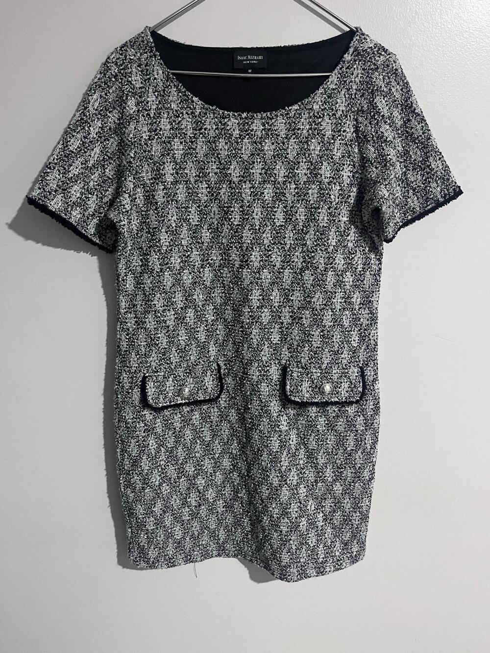 Isaac Mizrahi Dress Womens M Black Check Shift Knee Length Tweed Pockets